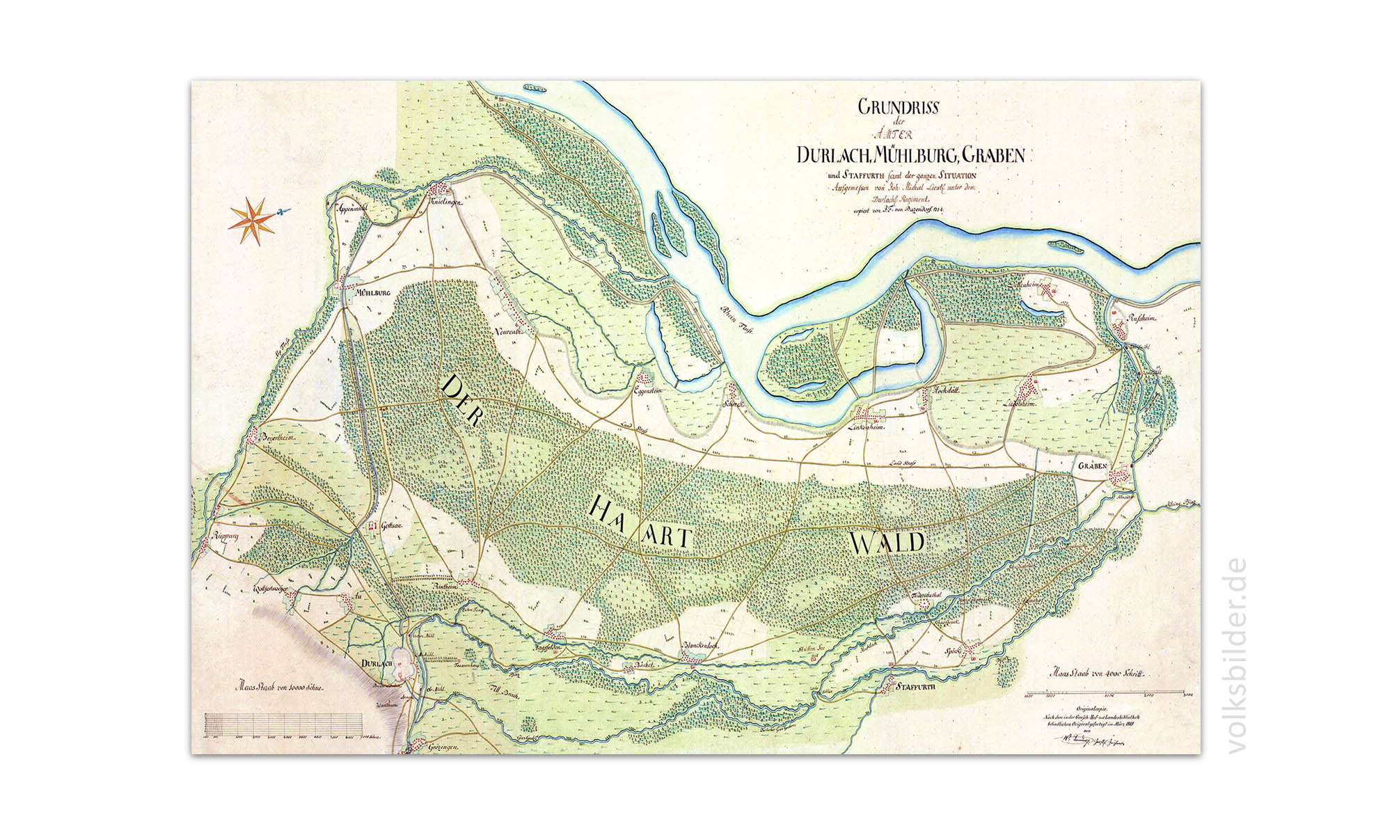 Handgezeichnete Landkarte der Region zwischen Durlach, Mühlburg und Graben von 1714.