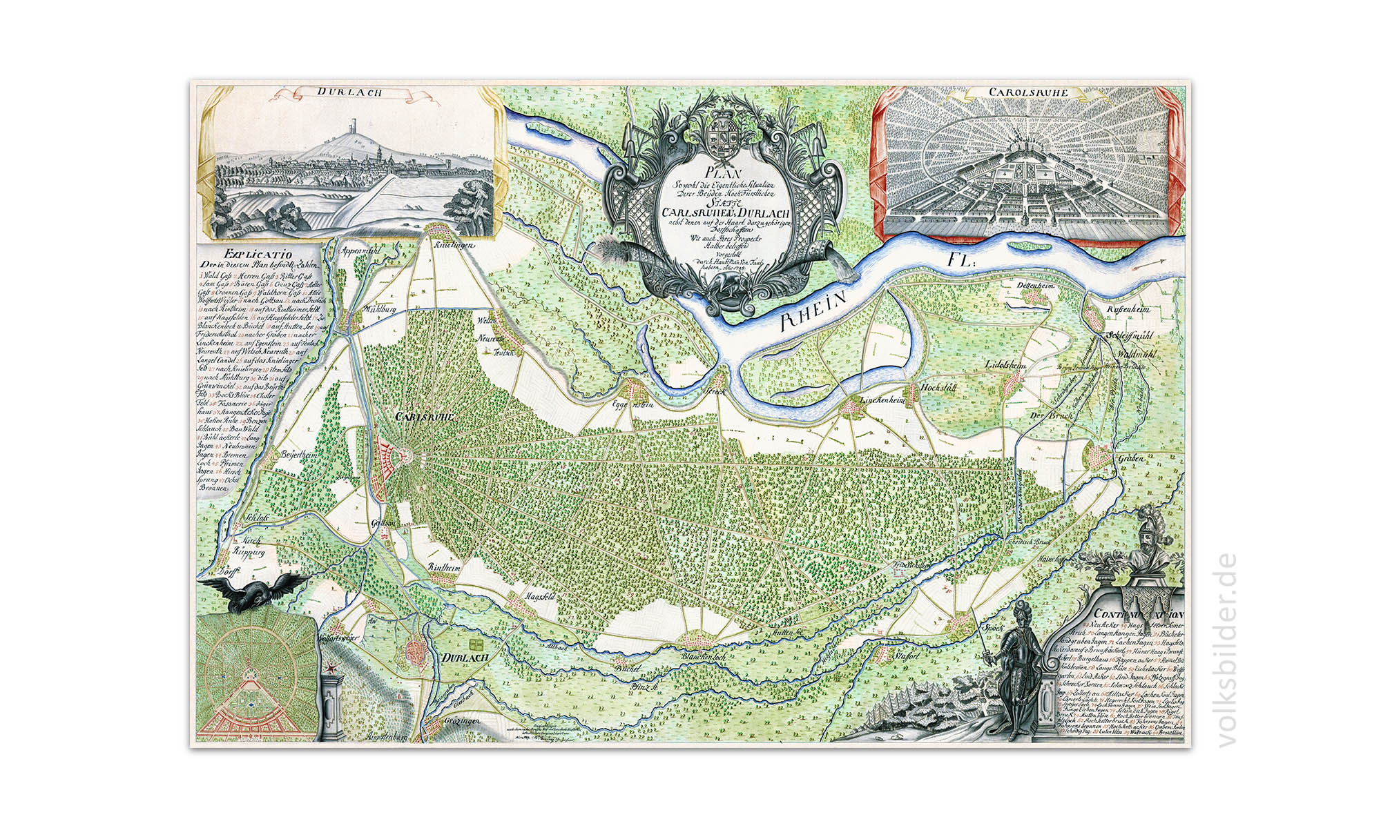 Handgezeichnete Landkarte der Region um Karlsruhe von 1748. Rund um die Landkarte sind diverse schmückende Ornamente gezeichnet. 