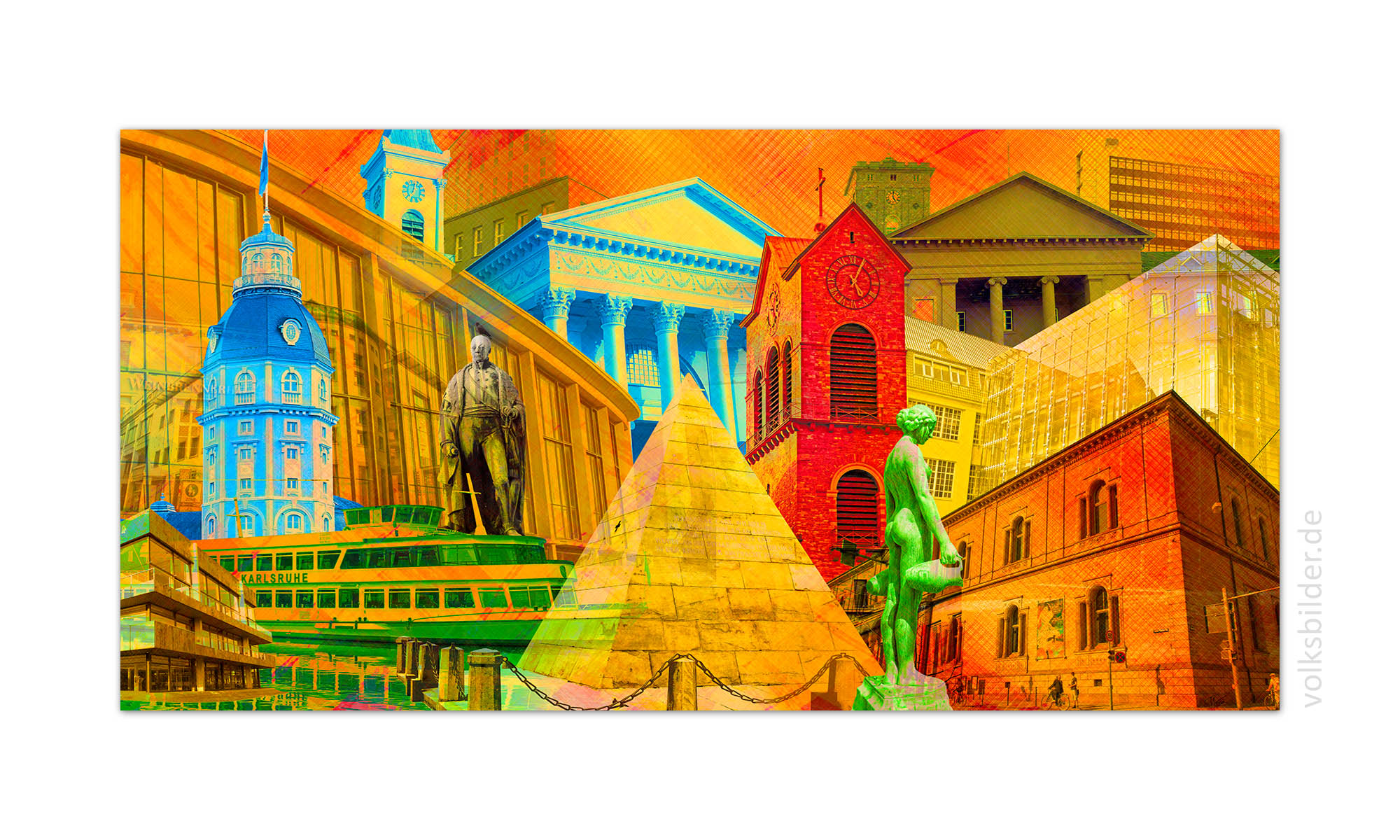 Grafisches Wandbild von Karlsruhe im Pop Art Stil. Viel bekannte Karlsruher Gebäude sind, verschieden eingefärbt, kunterbunt über das Bild verteilt, dargestellt. Die vorherrschende Farbe des Bildes ist ein leuchtendes Orange-Rot.