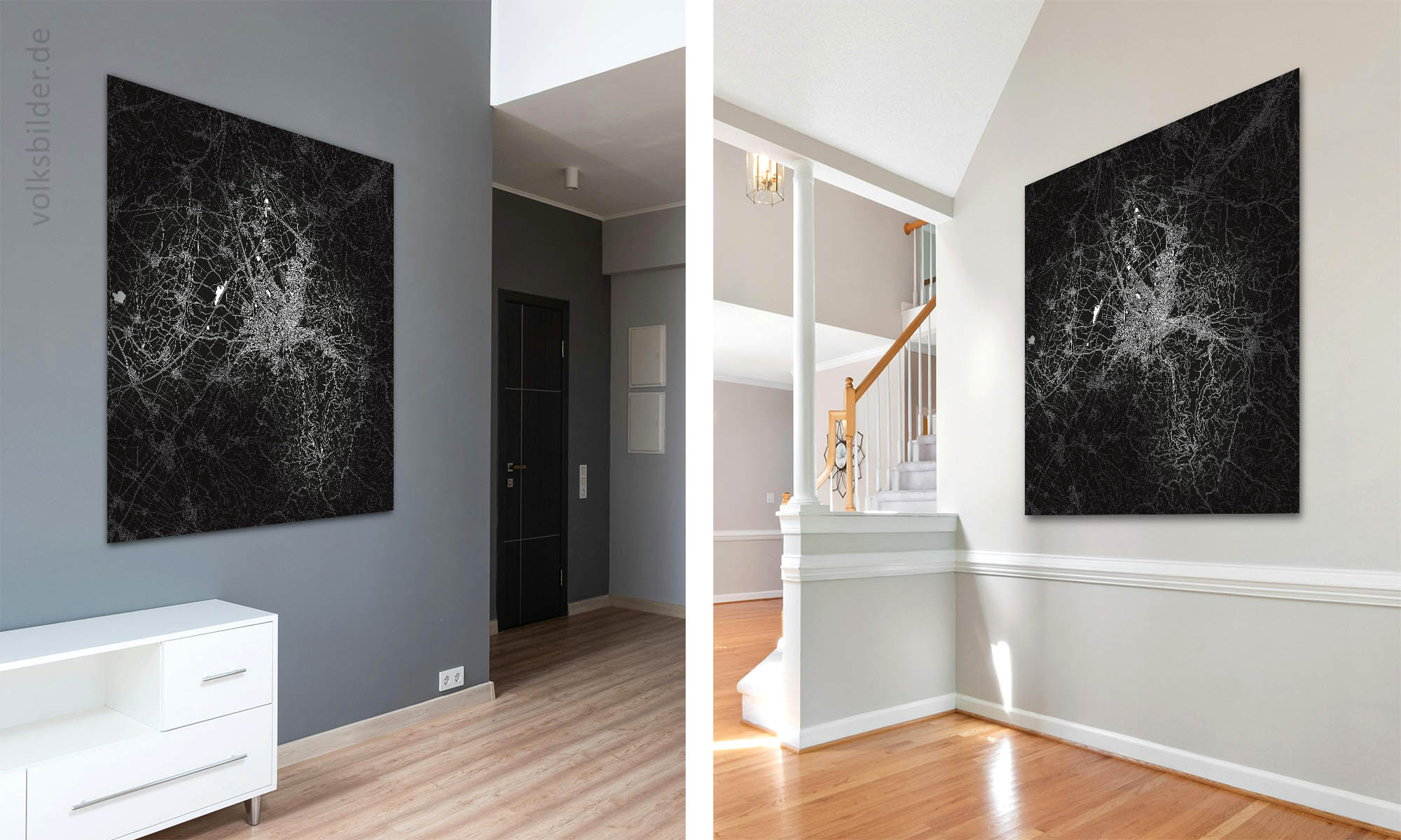 Ein Bild, das zwei Fotos nebeneinander zeigt. Auf beiden Fotos sind Eingangsbereiche von links einer Wohnung und rechts eines Hauses dargesetellt. Auf beiden Fotos hängen an einer Wand je ein Schwarzweiß-Bild einer stilisierten Landkarte von Freiburg.