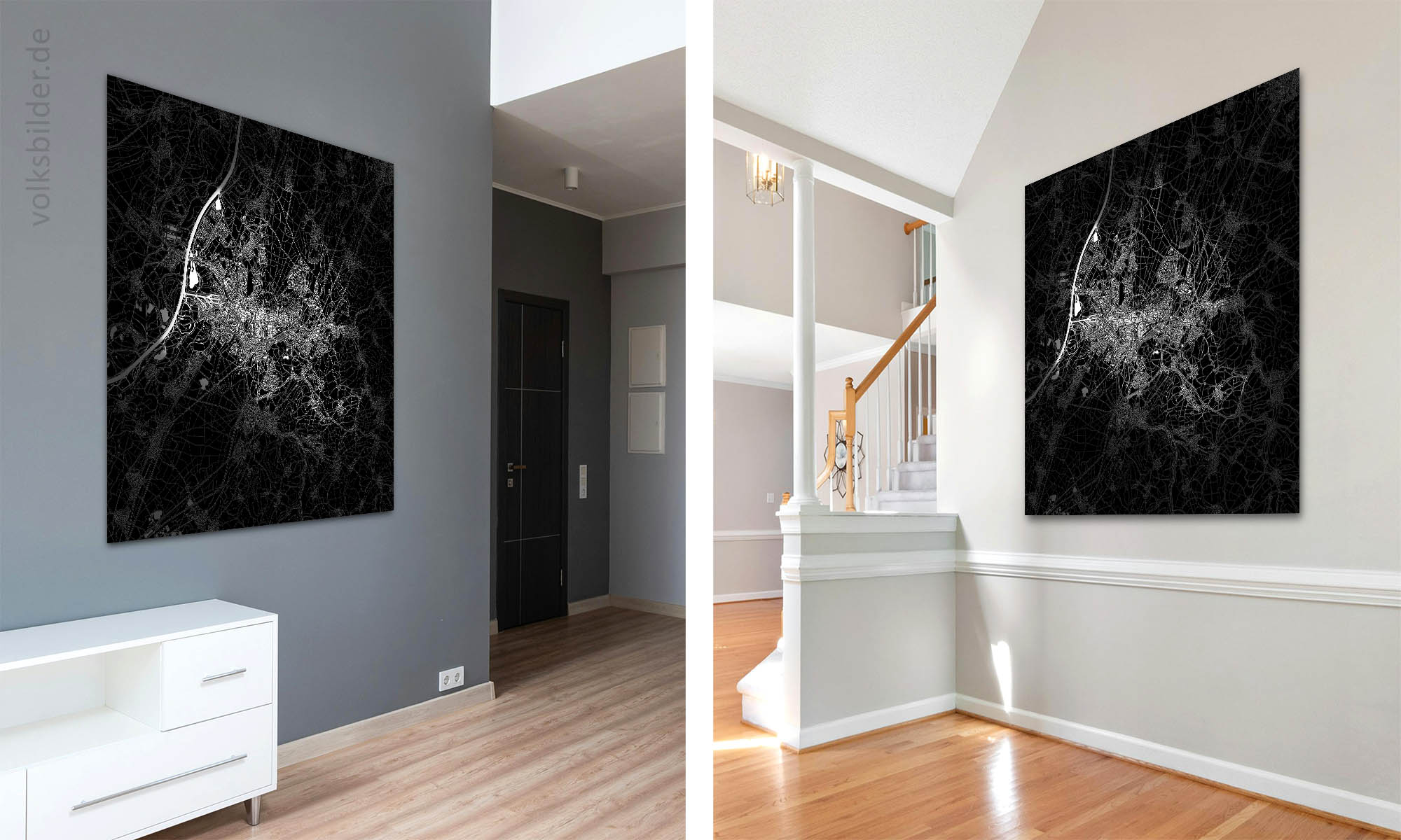 Zweigeteiltes Bild bestehend aus zwei Fotos. Beide Fotos zeigen quadratische Wandbilder mit schwarzweißer Karte vom Stadtgebiet von Karlsruhe in Wohnumgebung.