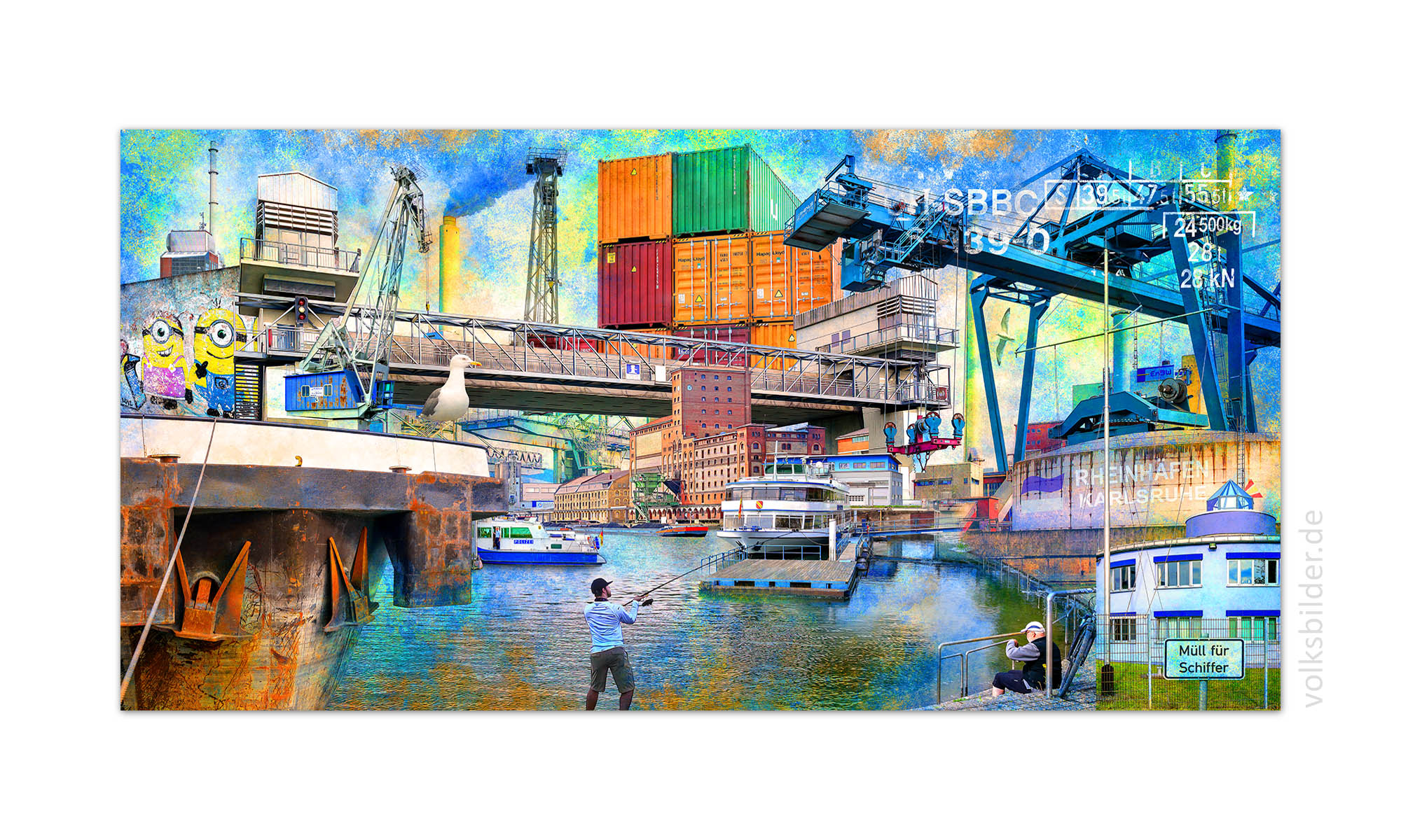 Grafisches Wandbild des Karlsruher Rheinhafens im Pop Art Stil. Viel bekannte Sehenswürdigkeiten des Karlsruher Rheinhafens sind, verschieden eingefärbt, kunterbunt über das Bild verteilt, dargestellt. Die vorherrschende Farbe des Bildes ist ein leuchtendes Blau.