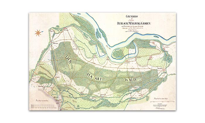 Handgezeichnete Landkarte der Region zwischen Durlach, Mühlburg und Graben von 1714.