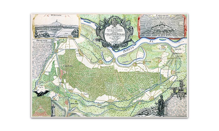 Handgezeichnete Landkarte der Region um Karlsruhe von 1748. Rund um die Landkarte sind diverse schmückende Ornamente gezeichnet. 