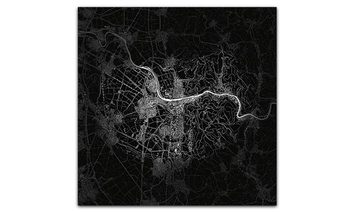 Ein quadratisches Wandbild. Es zeigt eine Karte vom Stadtgebiet von Heidelberg und der näheren Umgebung. Karteninhalte wie Straßen, Gebäude und Gewässer sind weiß dargestellt vor tiefschwarzem Hintergrund.