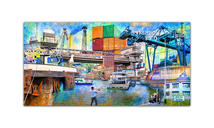 Grafisches Wandbild des Karlsruher Rheinhafens im Pop Art Stil. Viel bekannte Sehenswürdigkeiten des Karlsruher Rheinhafens sind, verschieden eingefärbt, kunterbunt über das Bild verteilt, dargestellt. Die vorherrschende Farbe des Bildes ist ein leuchtendes Blau.