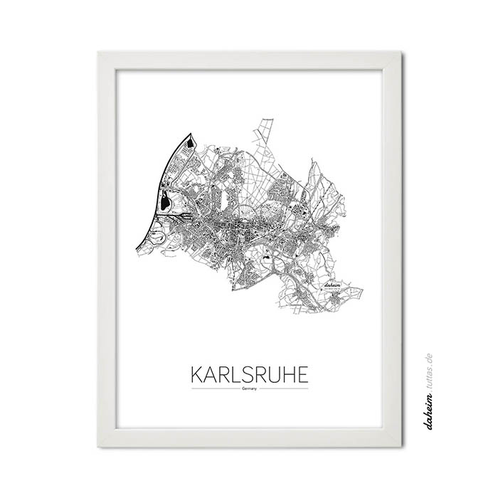 Gerahmtes Poster: Das Wandbild zeigt den Stadtplan von Karlsruhe