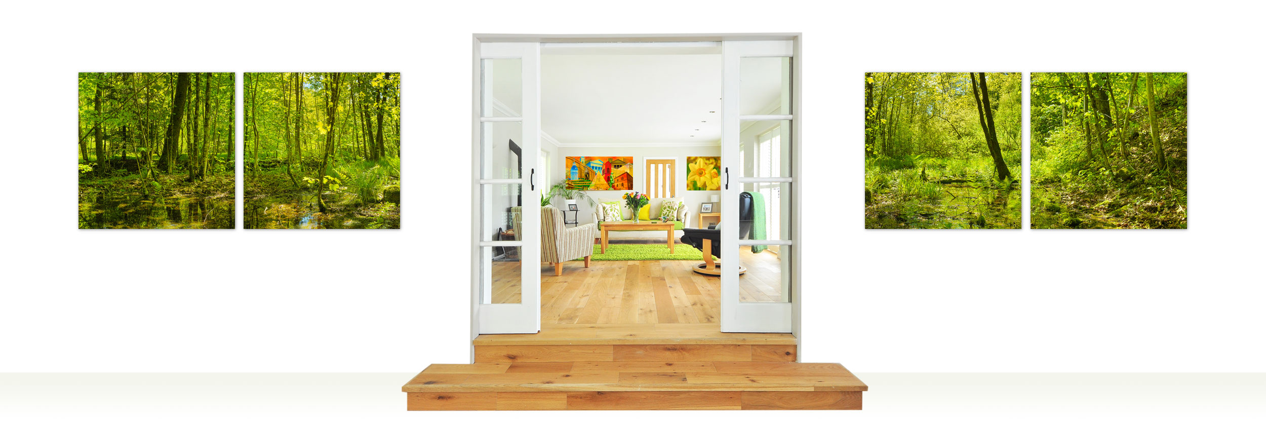 Wandbilder in einem Hausflur und einem Wohnzimmer